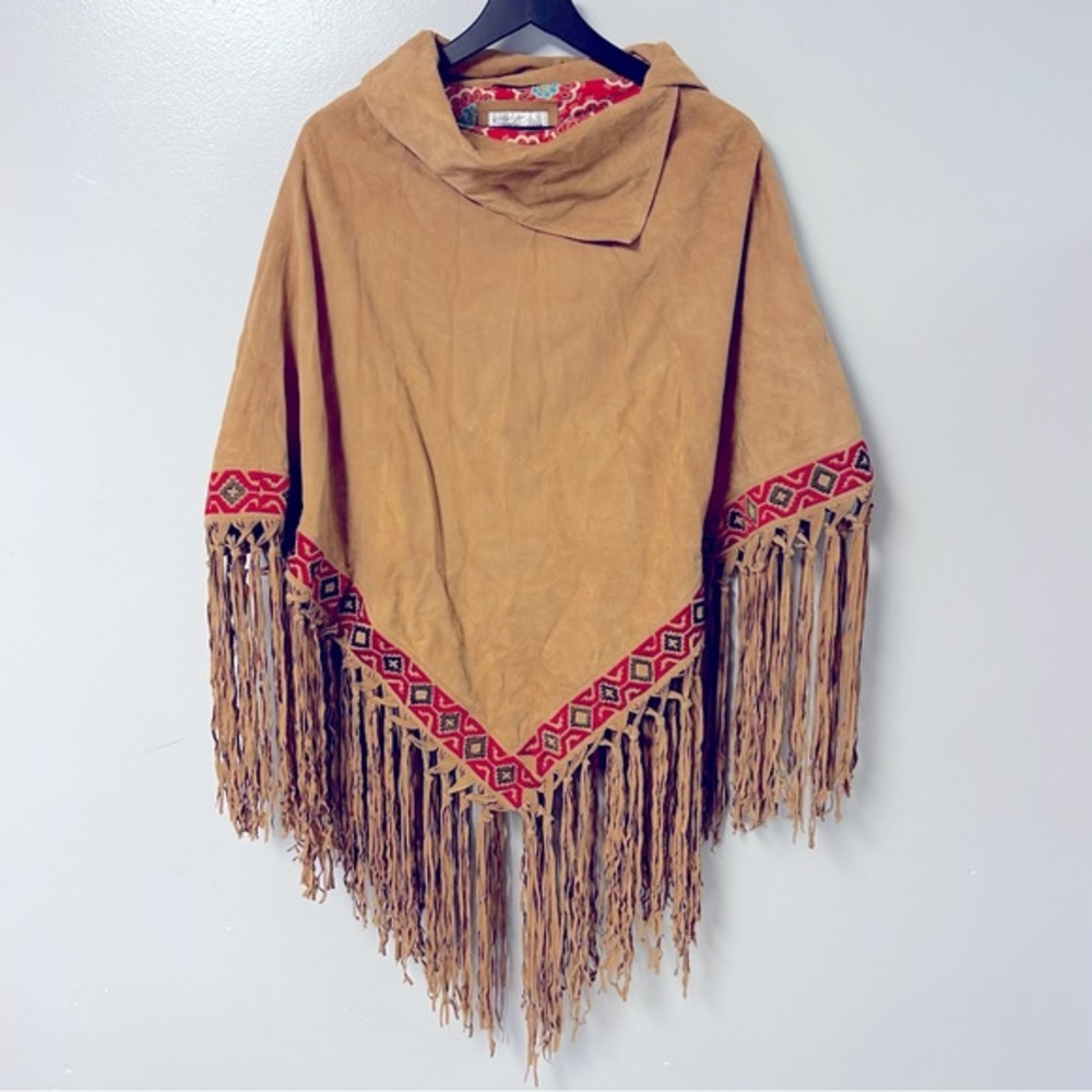 Tasha‎ Polizzi Collection Fringe Embroidered Tan Suede Poncho